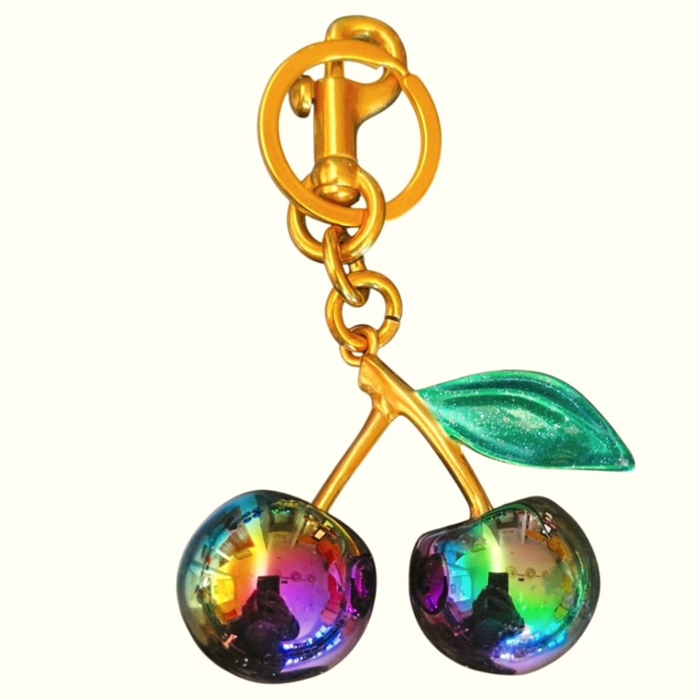 NEW Metallic Irridescent Large Cherry Purse Charm with Green Leaf - Picture 2 of 2